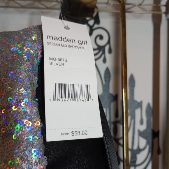 Madden Girl Multifaceted Sequin Backpack with Black Patent Leather key Chain - Picture 6 of 17